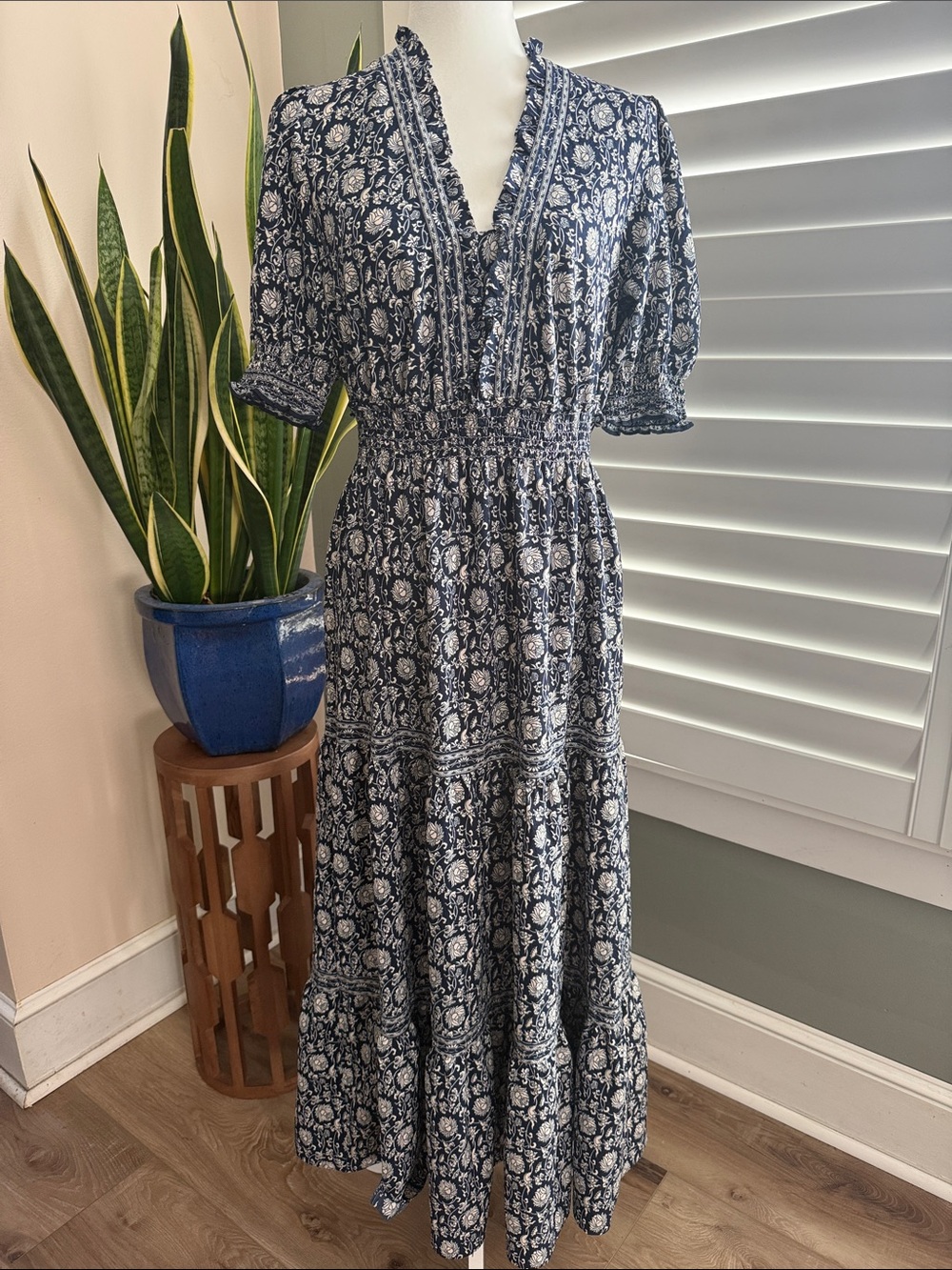 Max Studio London Navy Floral Tiered Maxi Dress